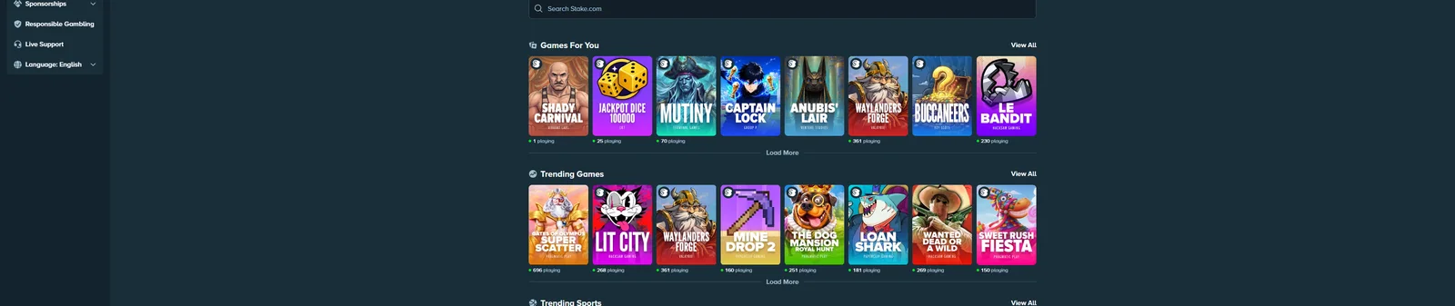 Stake Casino lobby with trending slots and game categories in 2026