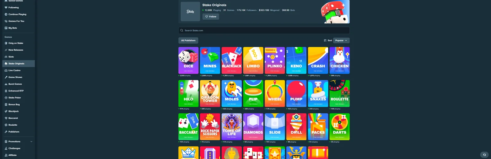 Stake Originals provably fair games including Dice, Mines, Plinko and Crash