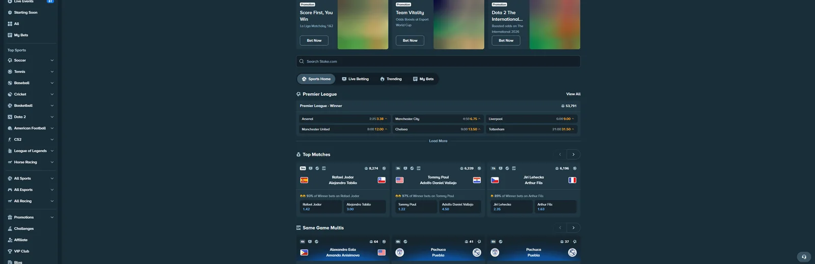 Stake sportsbook with Premier League odds and esports markets for CS2 and Dota 2